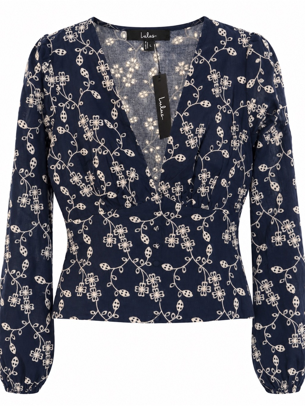 Lulus Sincere Charisma Navy Eyelet Embroidered Long Sleeve Top Size L